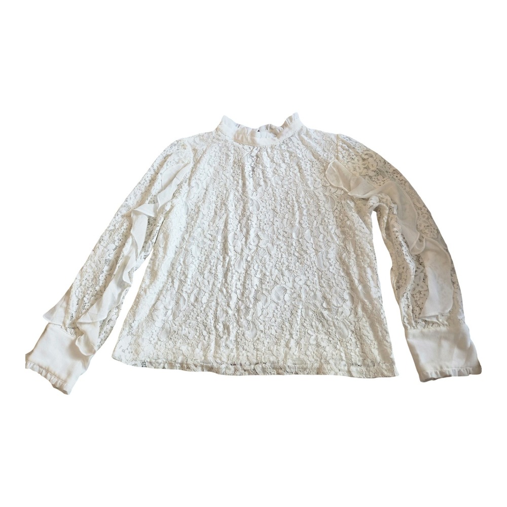 White Floral Lace Ruffle Sleeve Mock Neck Blouse Top
